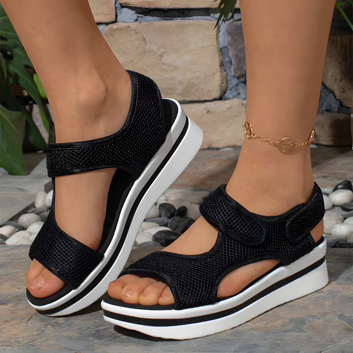 Women's Open-Toe Wedge Sandals with Textured Ankle Straps