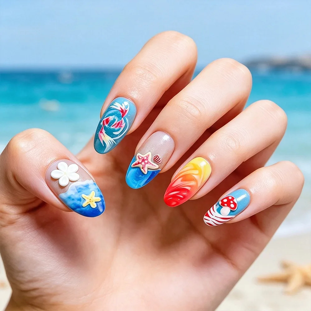 3D Ocean Press-On Nails Almond Glossy Koi & Coral Set