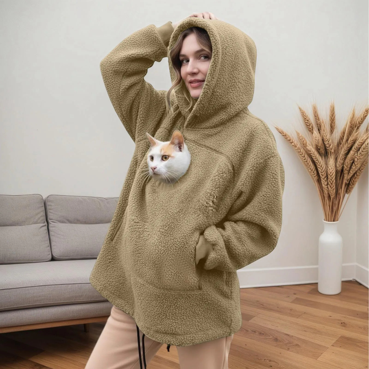 Fleece Pet Pouch Hoodie with Front Pocket for Cats & Small Dogs
