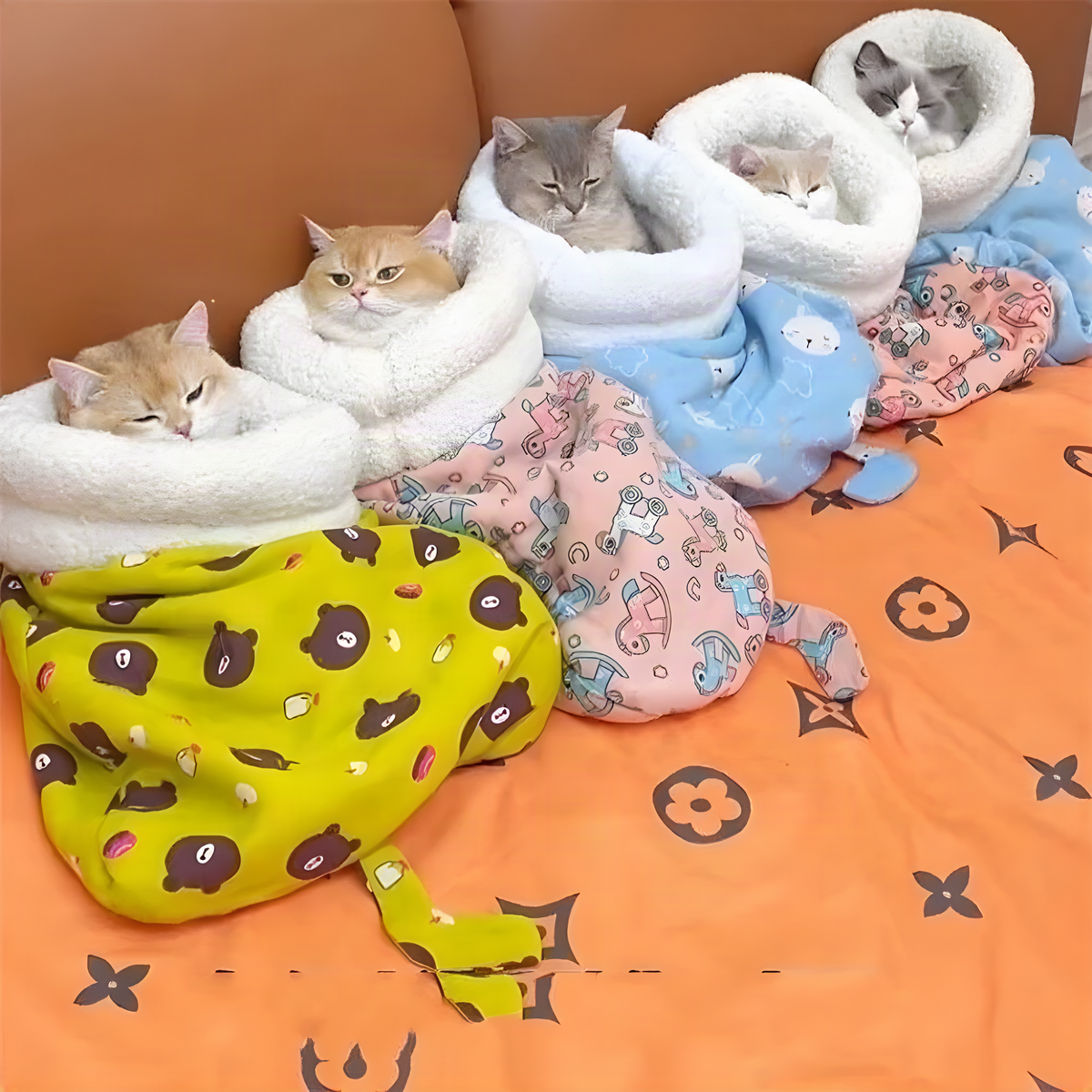 Plush Cat Sleeping Bag with Fold-Over Cuff and Cotton Filling