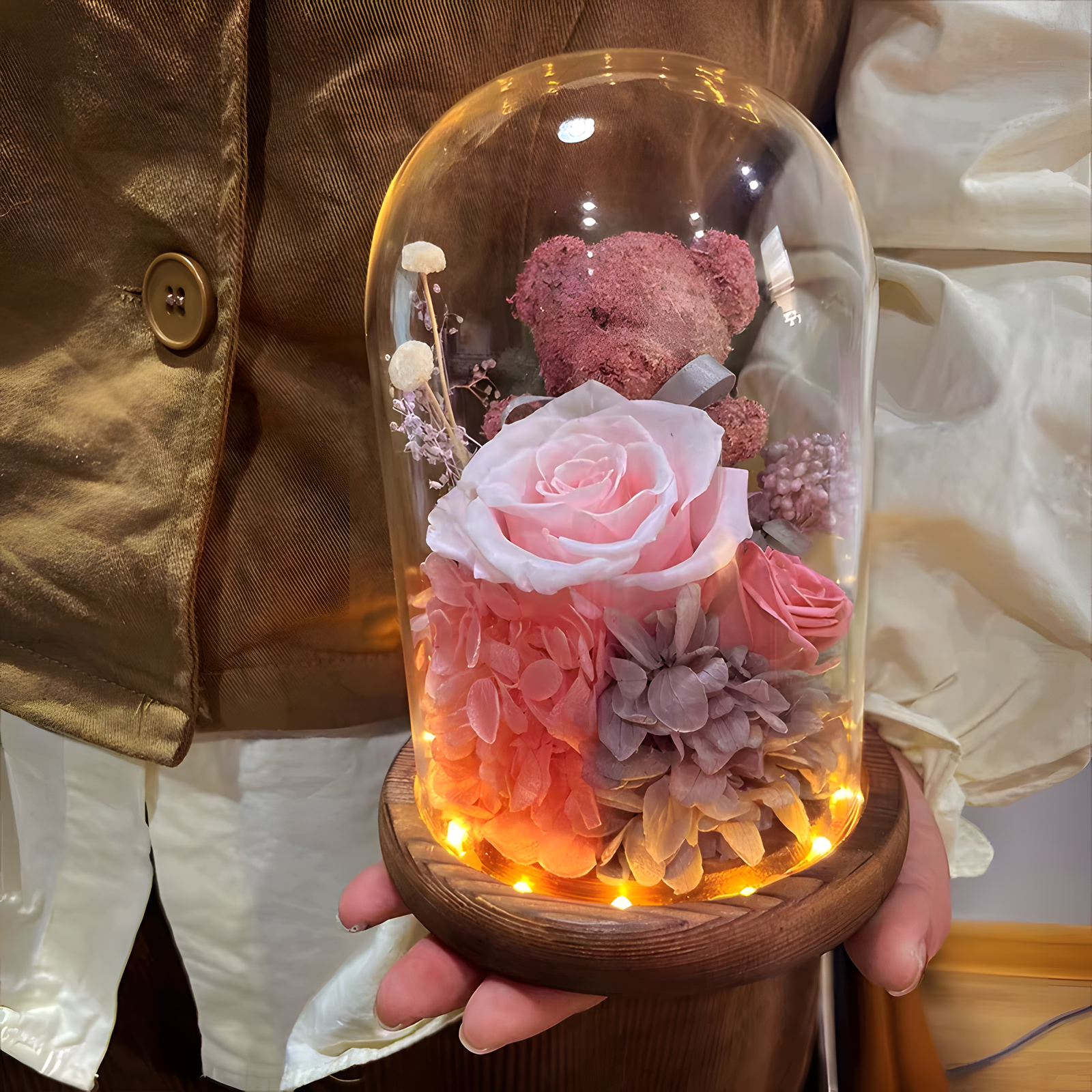 Rose Bear Glass Dome Preserved Rose Teddy Display Red Gift
