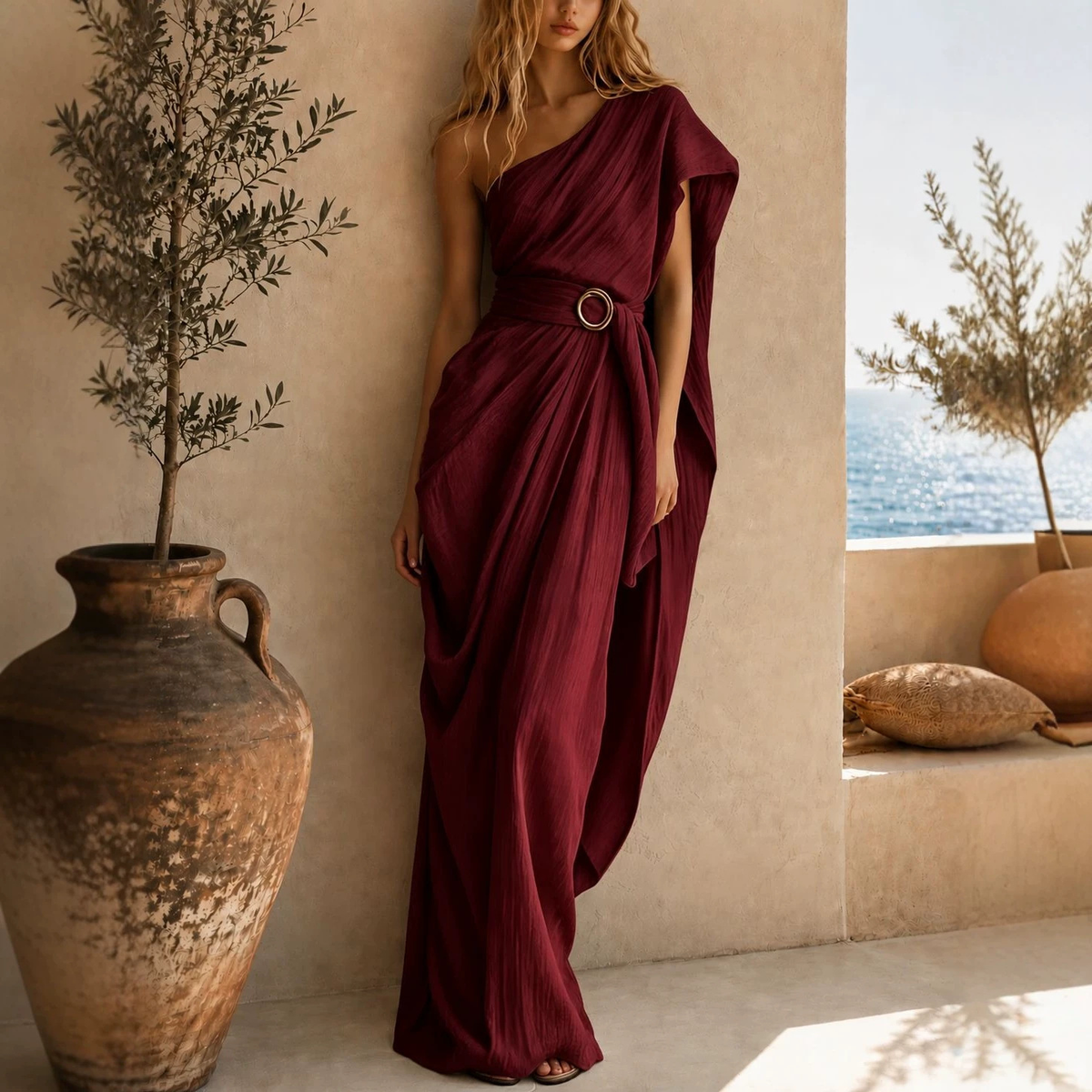 One-Shoulder Cotton-Blend Full-Length Dress with Fitted Waist