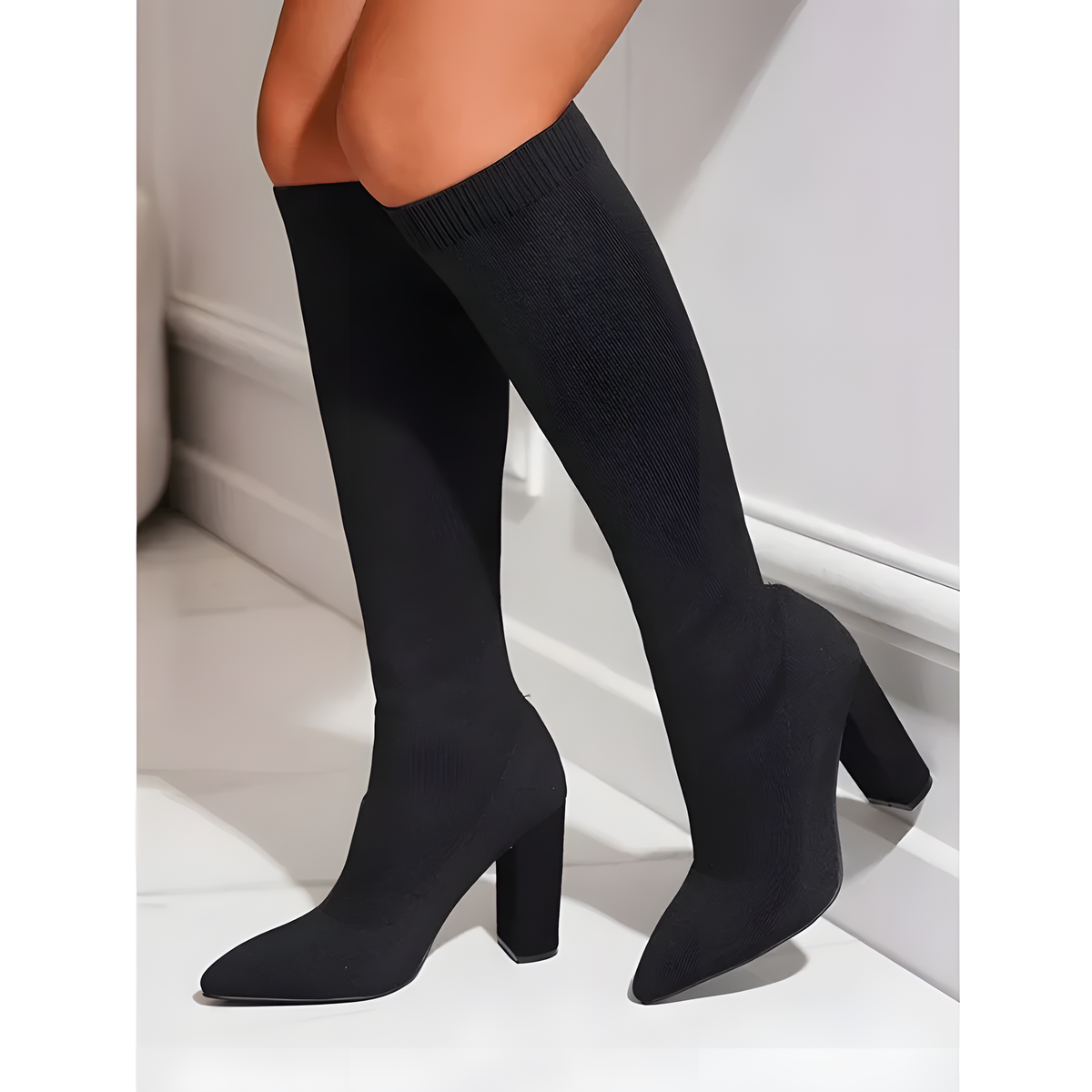 Stretch-Knit Tall Boots with Block Heels in Three Colors