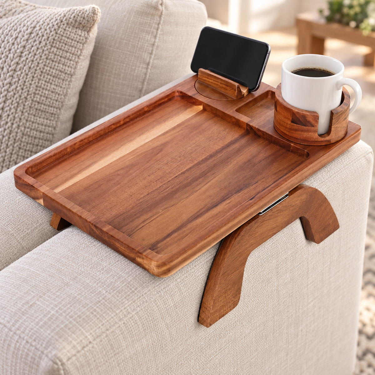 Wooden Sofa Arm Tray Table for a Comfortable Living Room