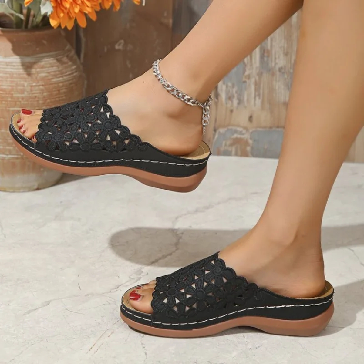 Floral Cutout Slide Sandals