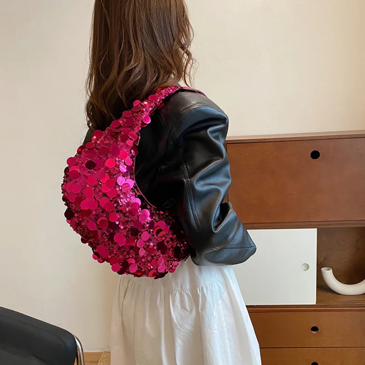 Sequin Crescent Shoulder Bag with Short Strap for Evenings