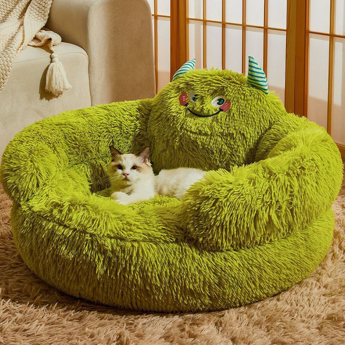 Soft Round Plush Pet Bed with Monster Face Backrest