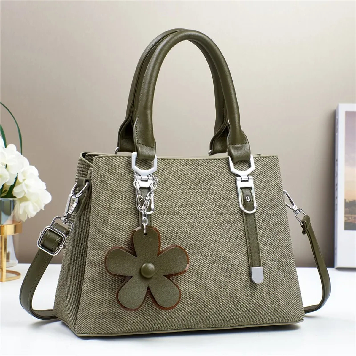 Flower Charm Structured Handbag with Crossbody Strap
