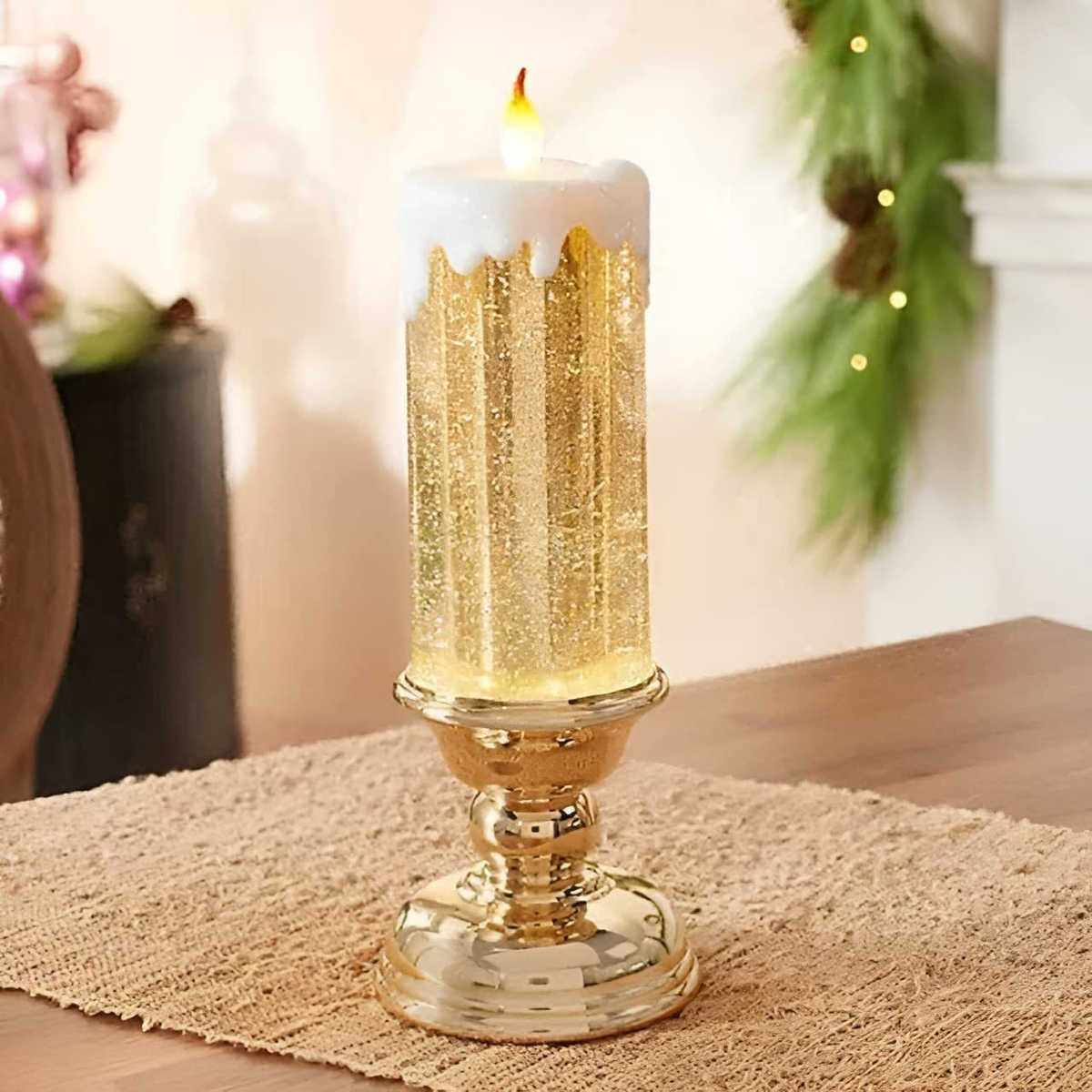 LED Glitter Candle, Flameless Decoration and Pedestal Base