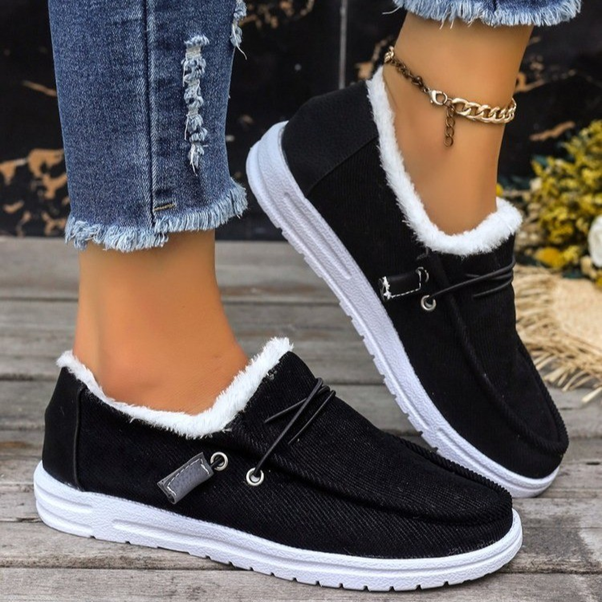 Fleece-Lined Canvas Slip-On Shoes with Elastic Cross Straps