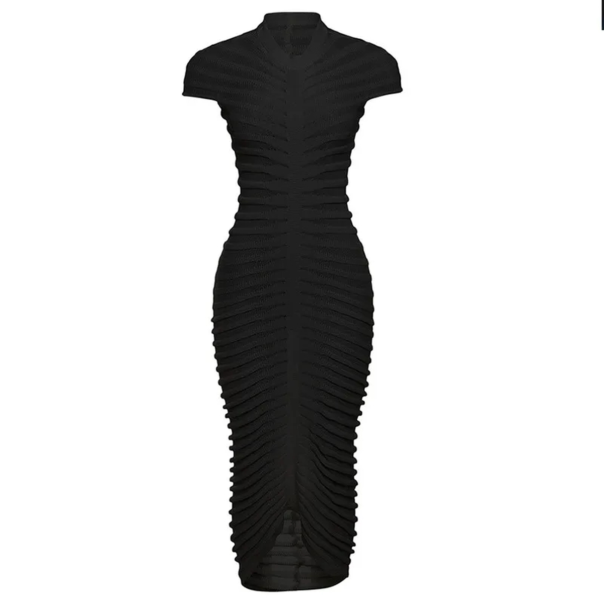 Black Ruched Short-Sleeve Midi Dress with Round Neckline