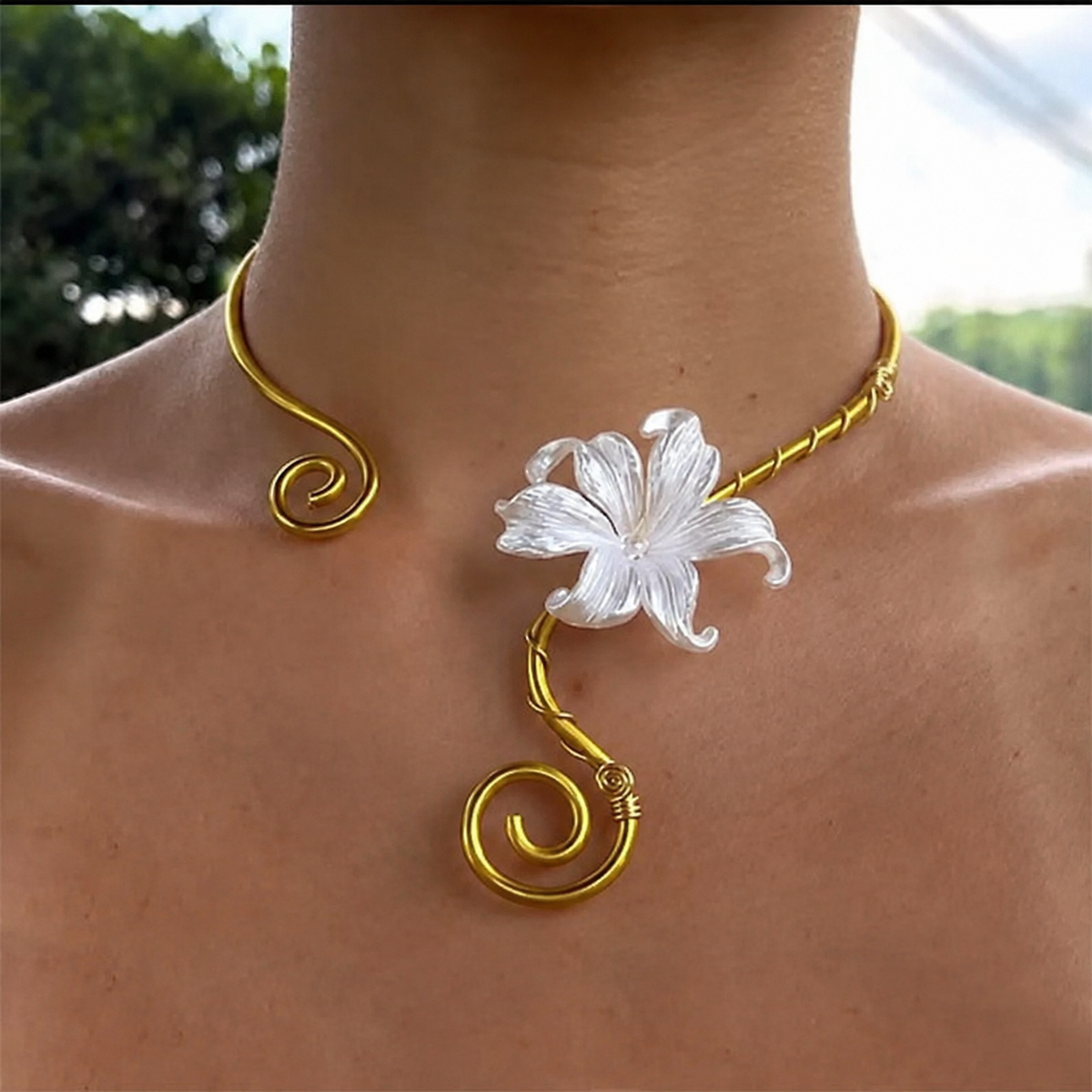 Iris Flower Choker, Open Collar Necklace with Spiral Details