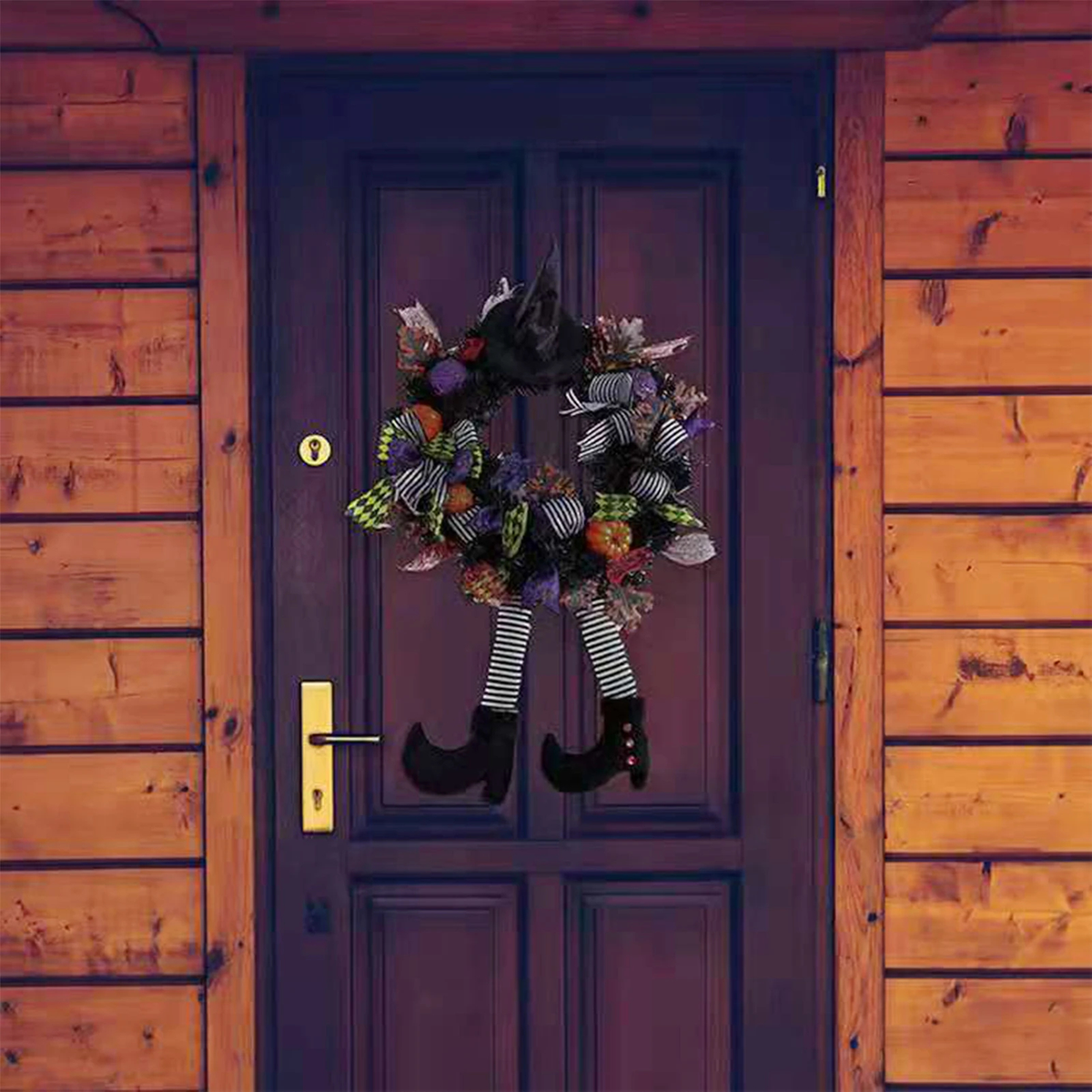 Halloween Witch Leg Wreath with Striped Legs and Curled Shoes
