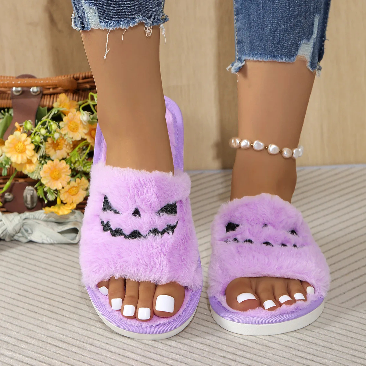 Halloween Plush Slippers, Pumpkin & Elk Faces, Open Toe One Size