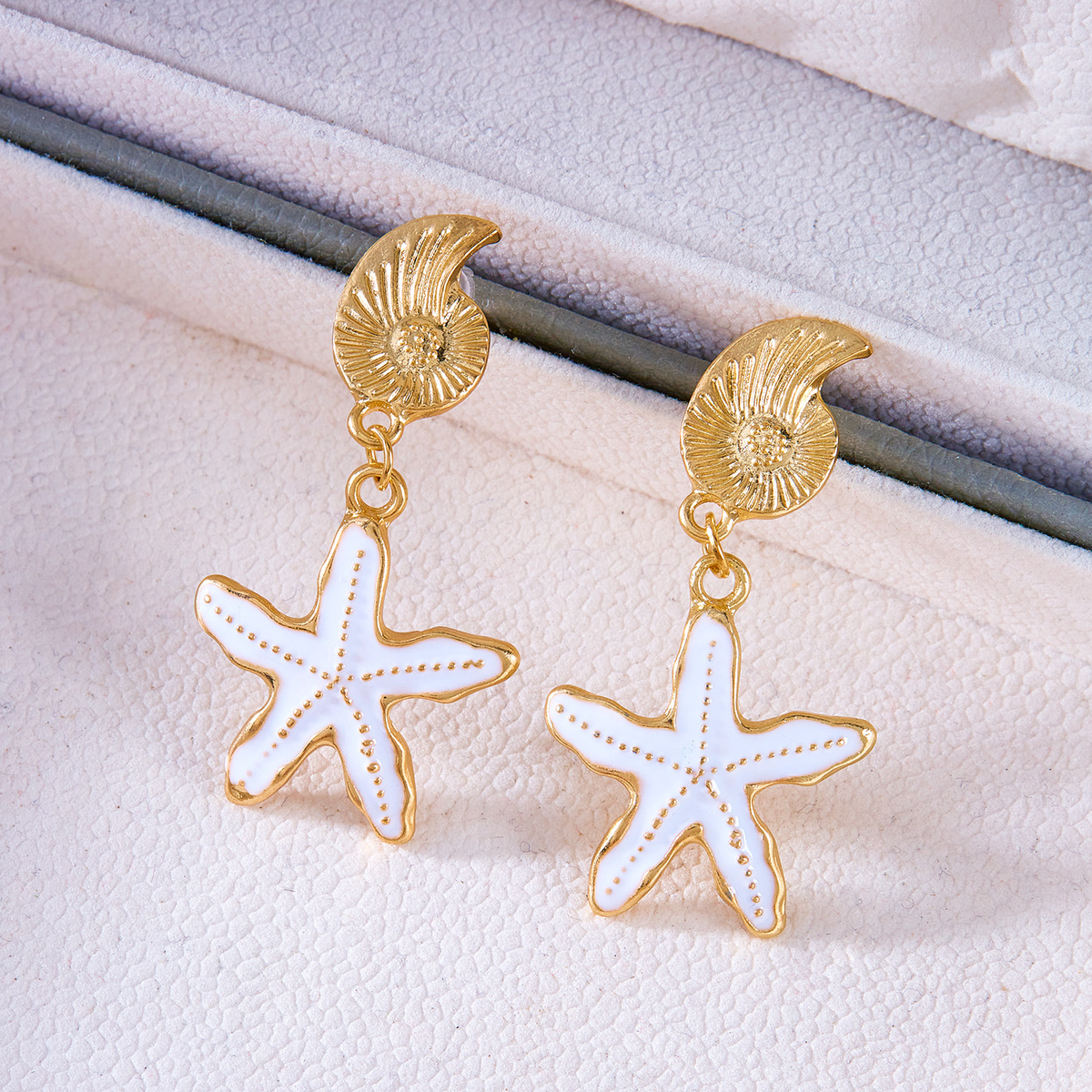 White Starfish Drop Earrings with Gold-Tone Shell Studs
