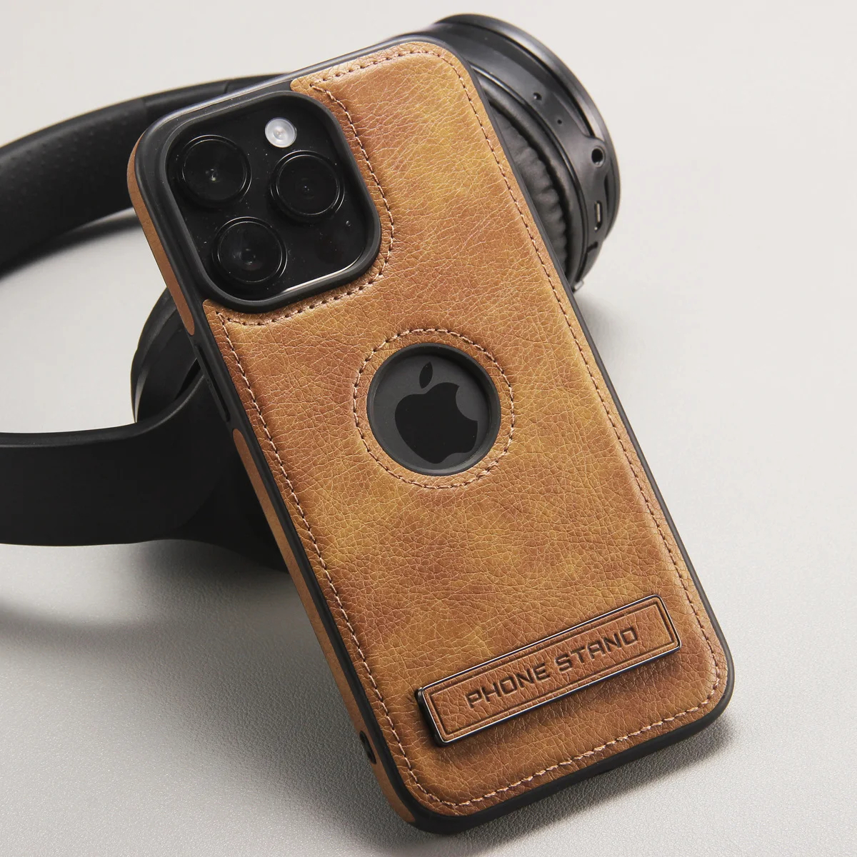 Leather-Texture iPhone 15 Pro Max Case with Fold-Out Stand