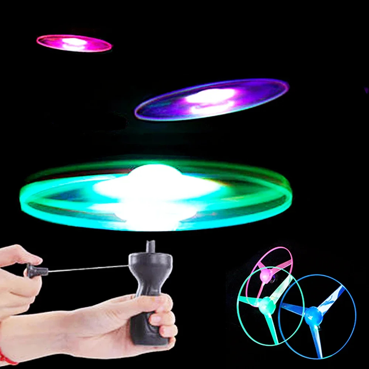 Light-Up Pull-String Flying Disc with Handheld Launcher