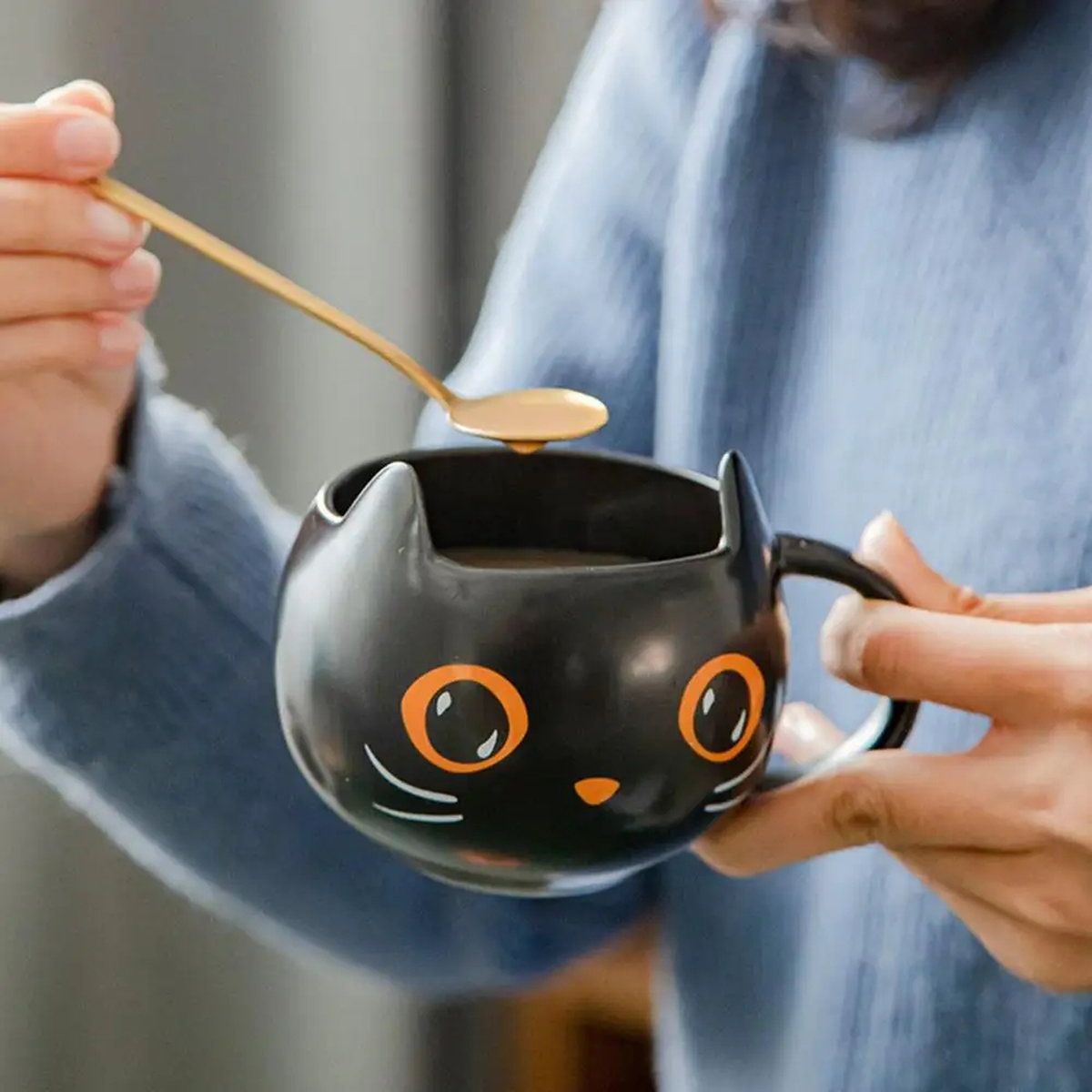 Halloween Cat Mug with Lid and Spoon, Ceramic, 301-400 ml
