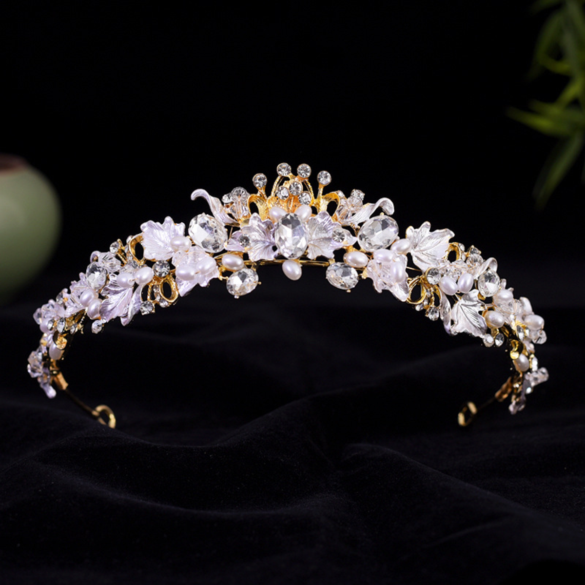 Floral Bridal Tiara with Faceted Stones and Pearl-Look Accents