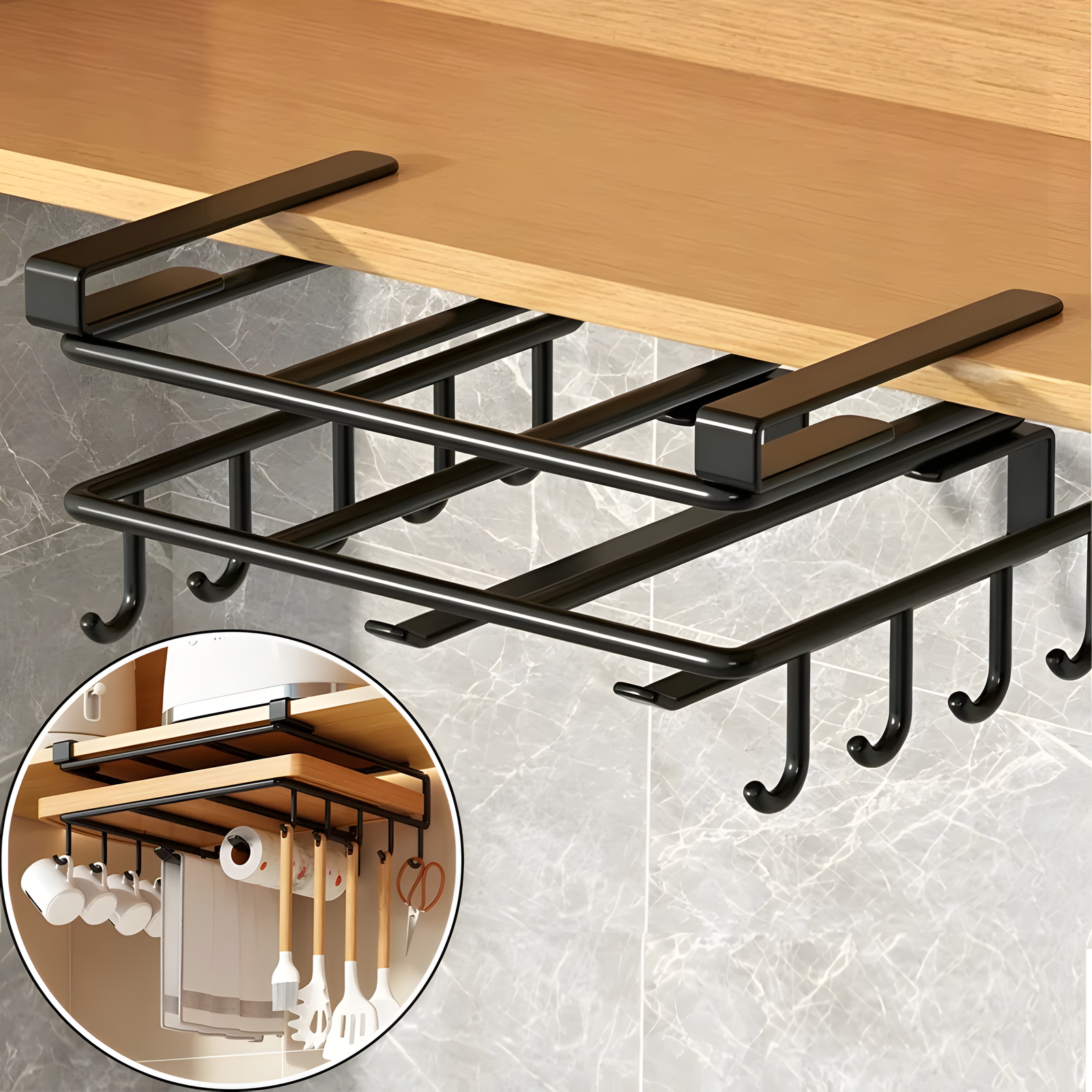 No-Drill Under-Cabinet Storage Rack – Black & Silver