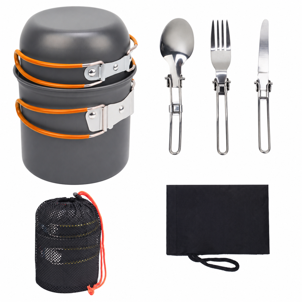Nesting Camping Cookware Set with Folding Cutlery and Bags