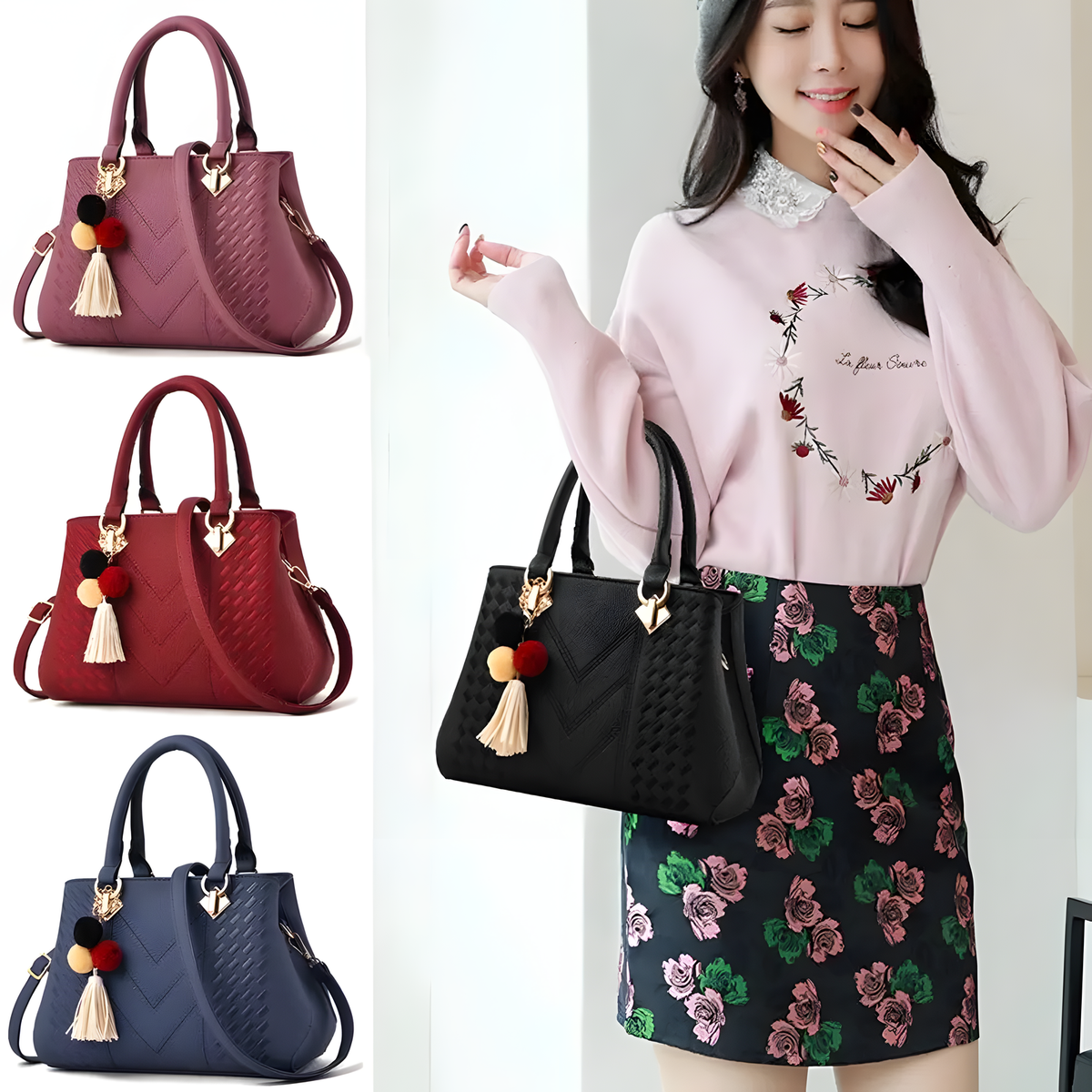 Textured PU Top-Handle Handbag with Shoulder Strap