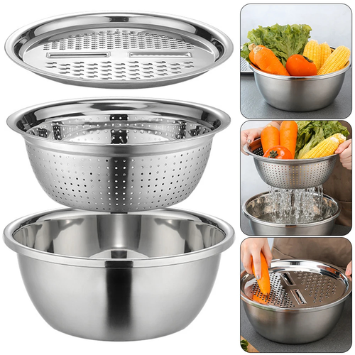 Stainless Steel Grater Bowl Set with Colander Lid 26cm