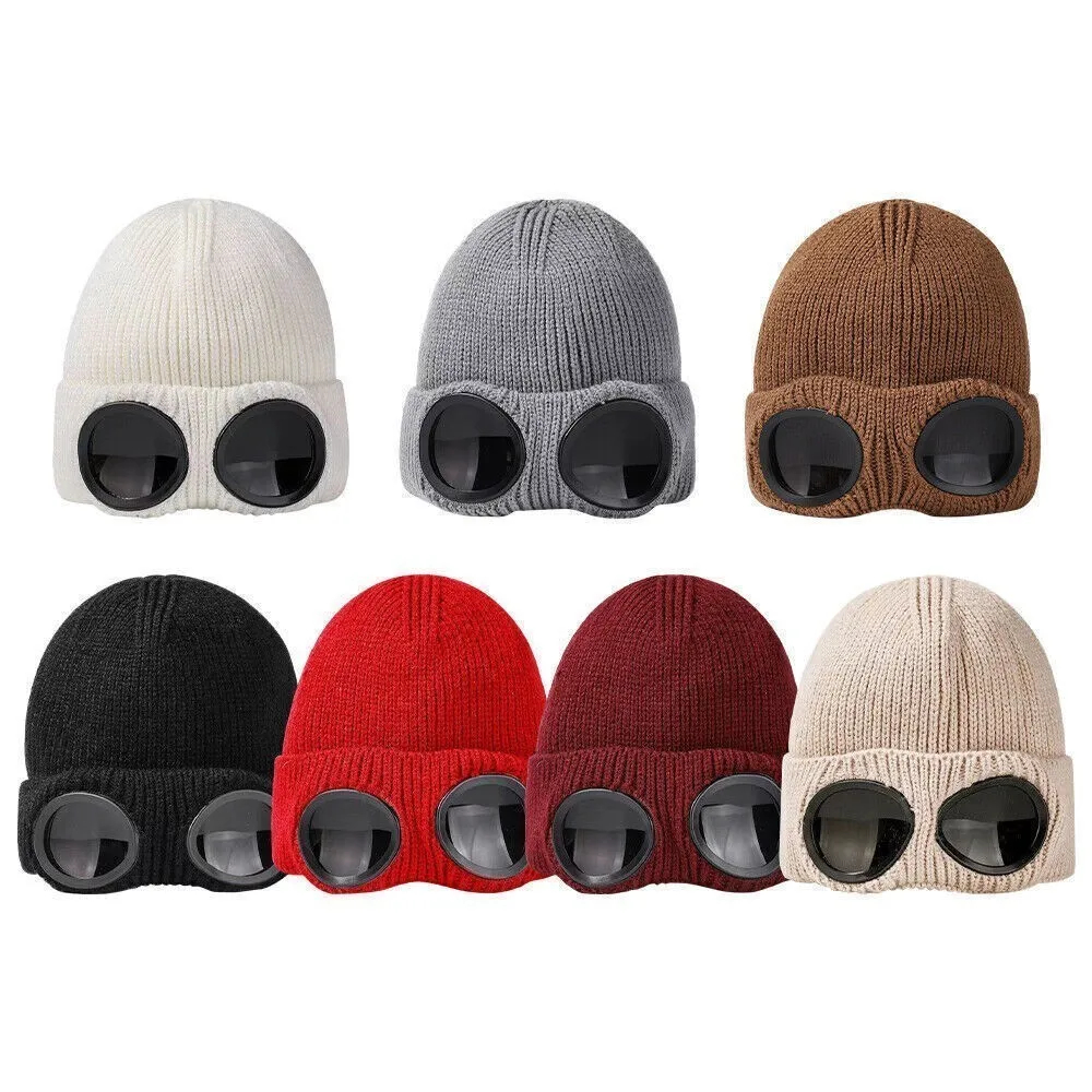Fleece-Lined Rib-Knit Goggle Beanie with Flip-Up Winter Lenses