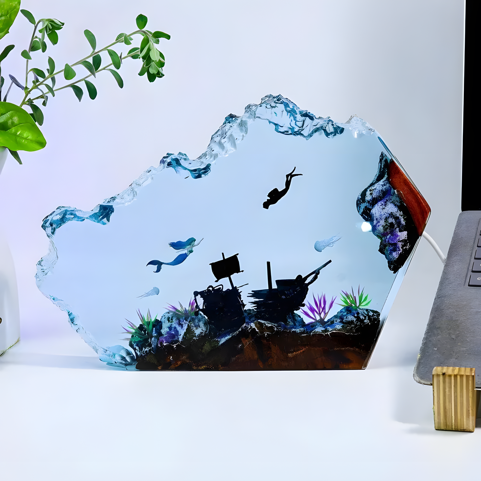 Mermaid Diver Resin Night Light Ocean Scene Warm Light 6x4in