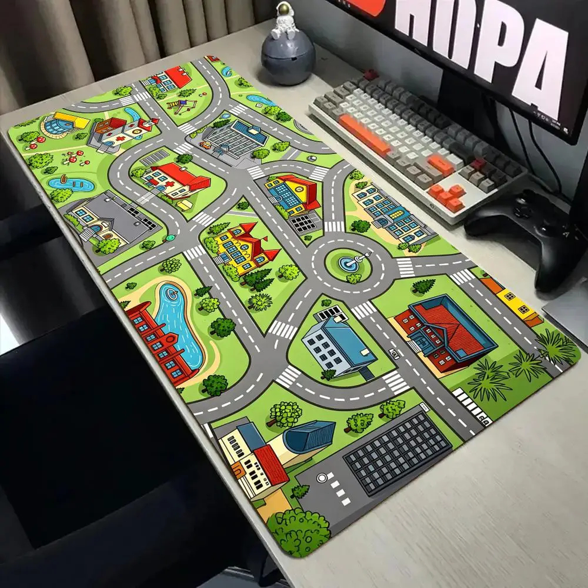 Oversized Cartoon City Road Desk Mat with Stitched Edges