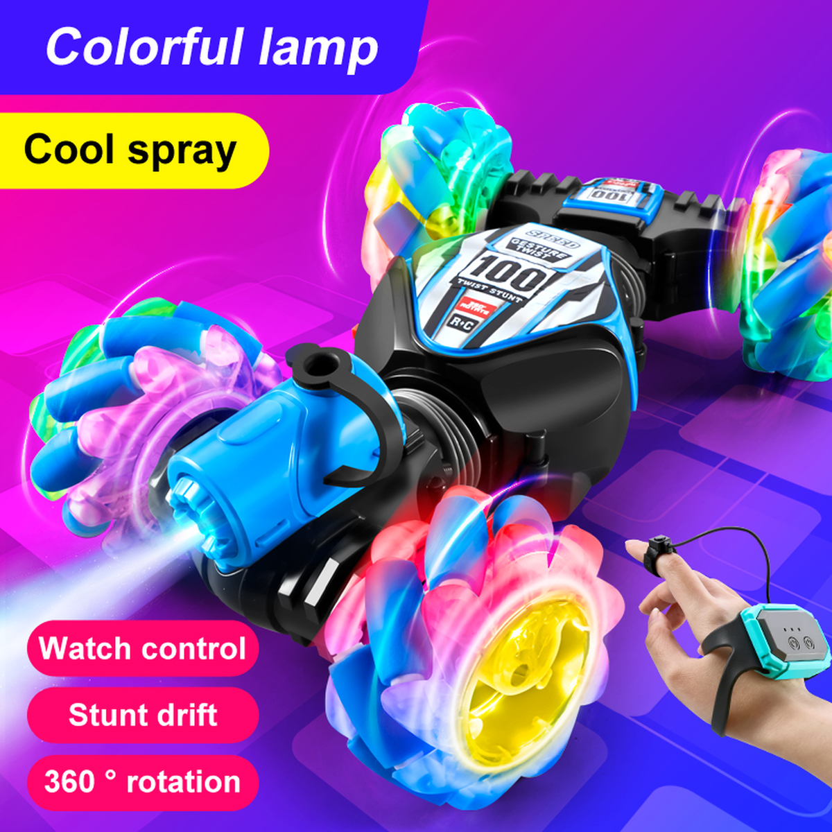 Spray Stunt Remote-Control Car with Colorful Light-Up Wheels