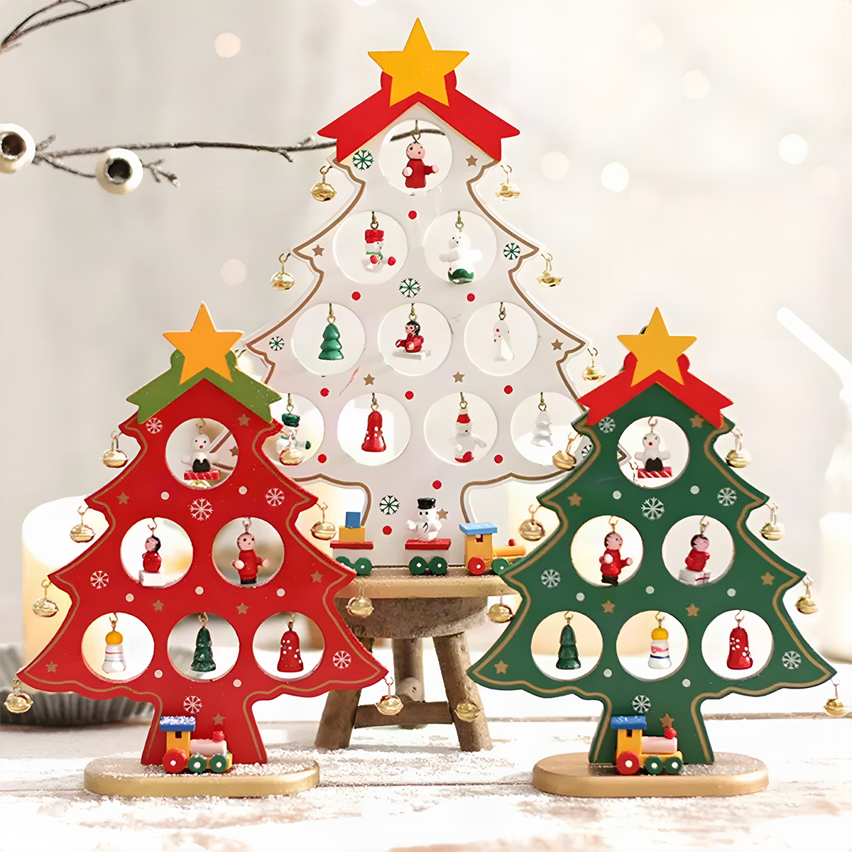 Wooden Tabletop Christmas Tree with Star and Hanging Ornaments