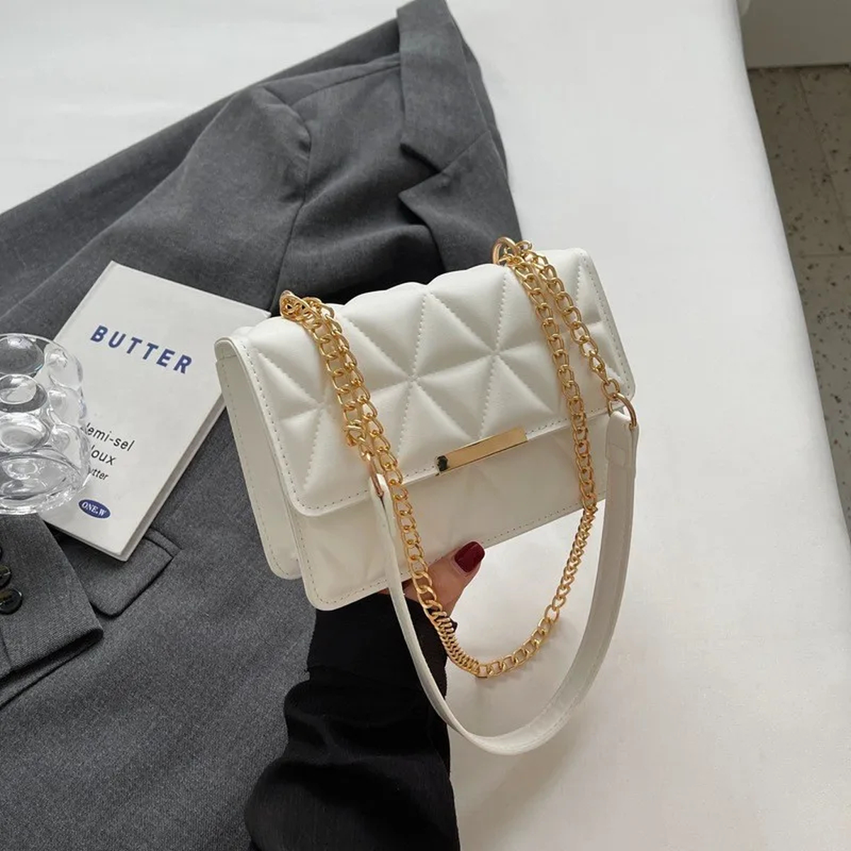 Quilted Chain-Strap Crossbody Bag with Flap Closure