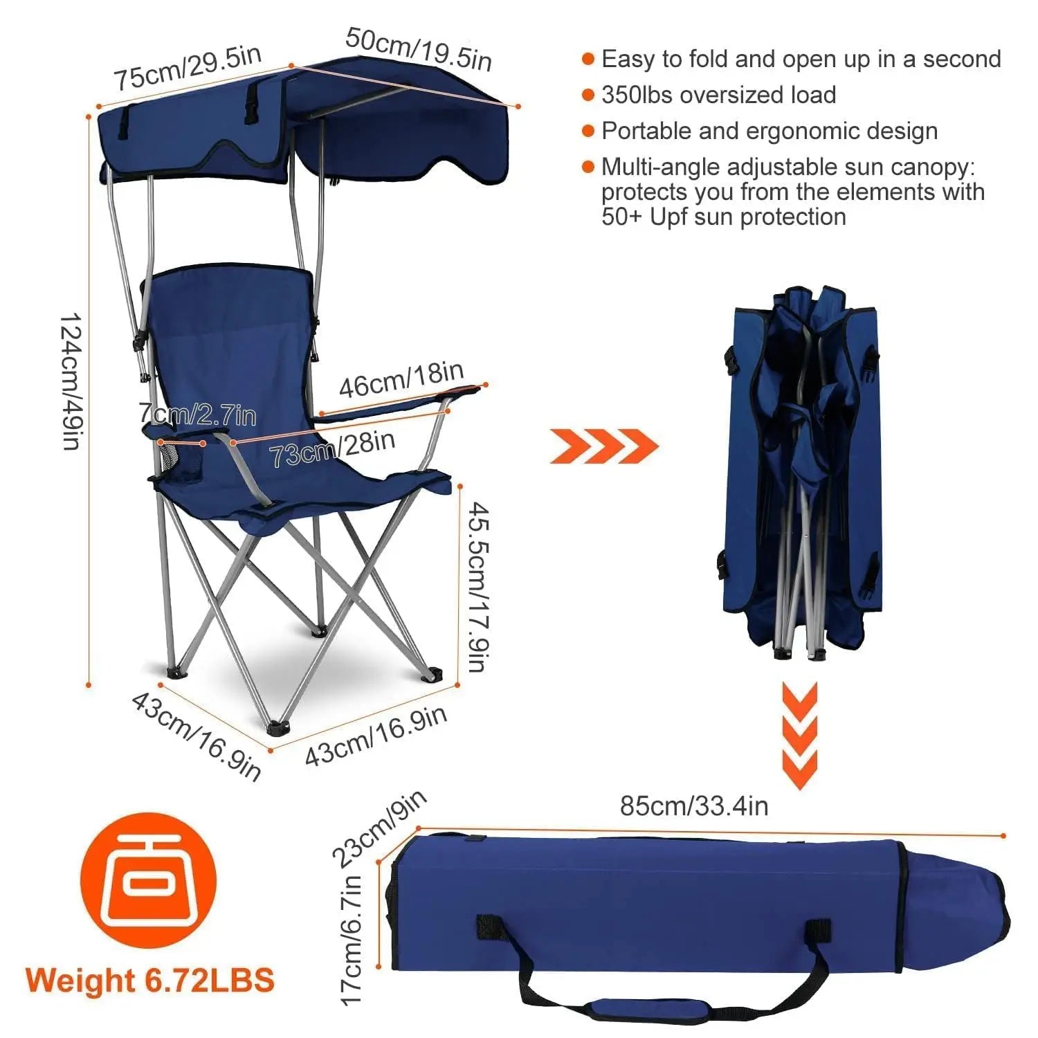 Camping Chair with Canopy - UPF 50+ Sunshade Folding Beach Chair