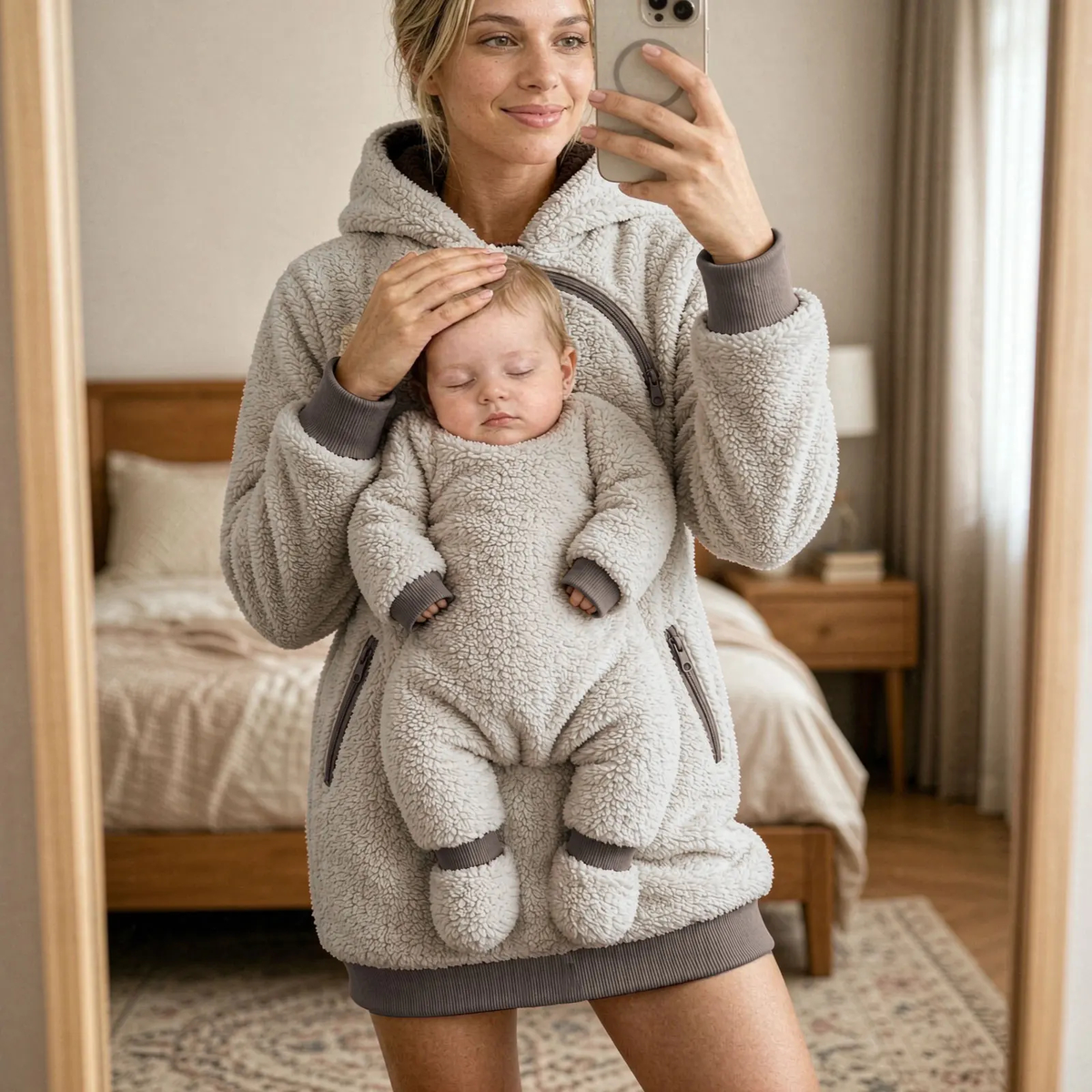Sherpa Fleece Baby Pouch Hoodie with Zippered Front Panel