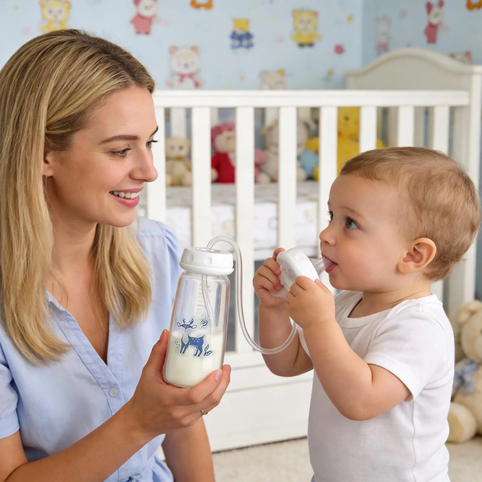 Hands-Free Baby Bottle 300ml Wide Neck with Strap Blue Pink