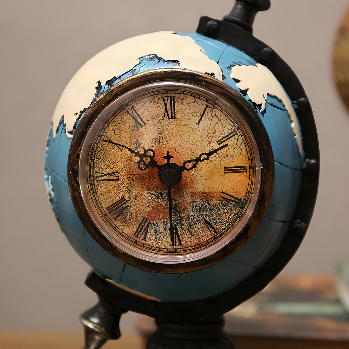 Decorative Globe Desk Clock with Roman Numerals and Book Base