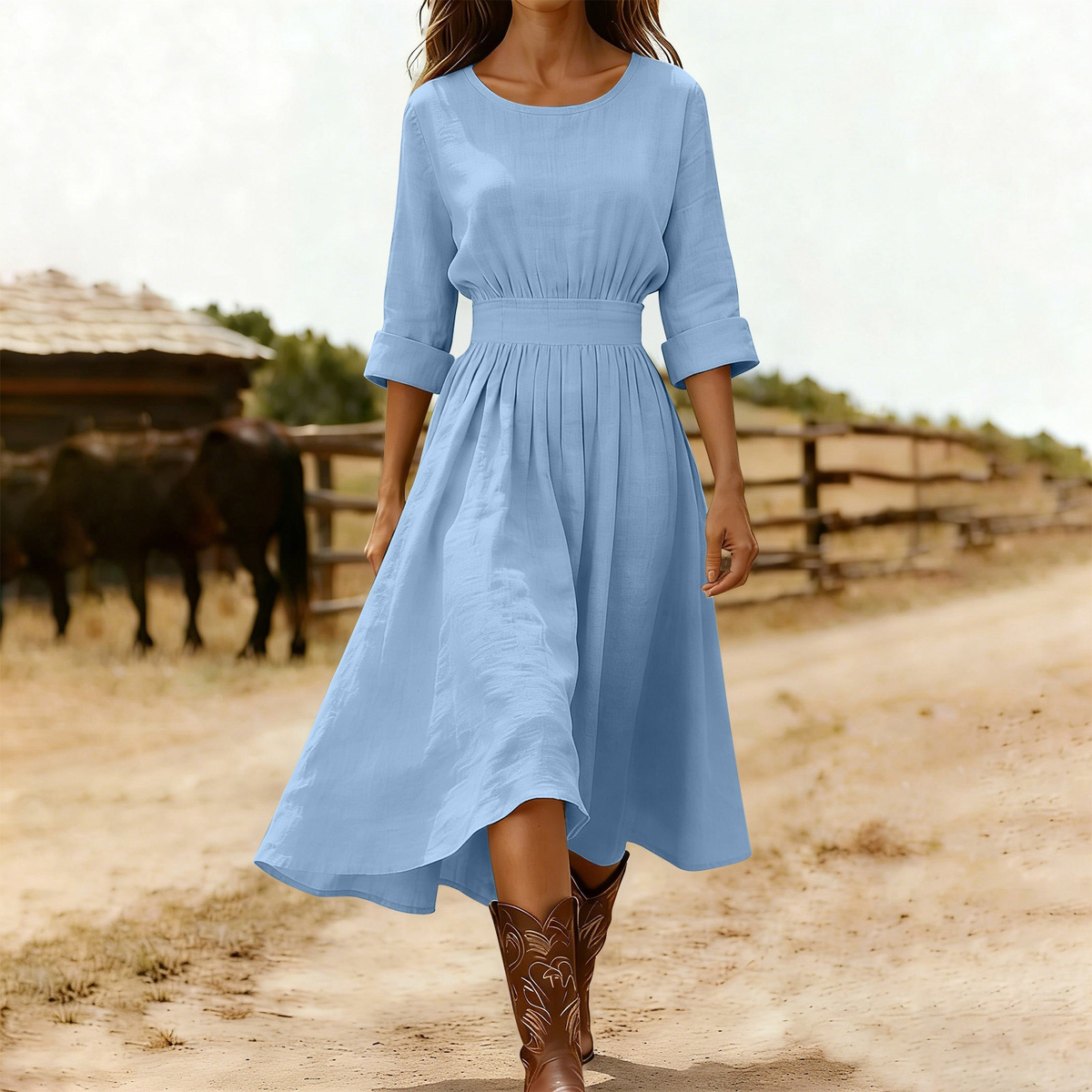 Women’s Long-Sleeve Cotton-Blend Dress with Round Neck and Waist