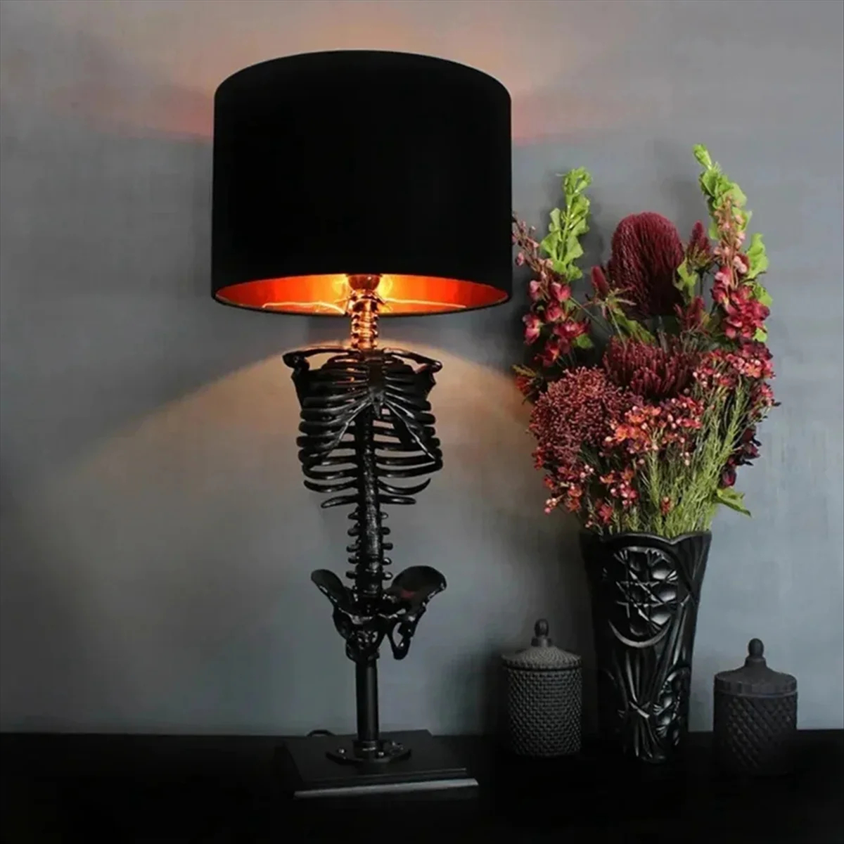Skeleton Table Lamp with Black Fabric Shade, Gothic Halloween Decor