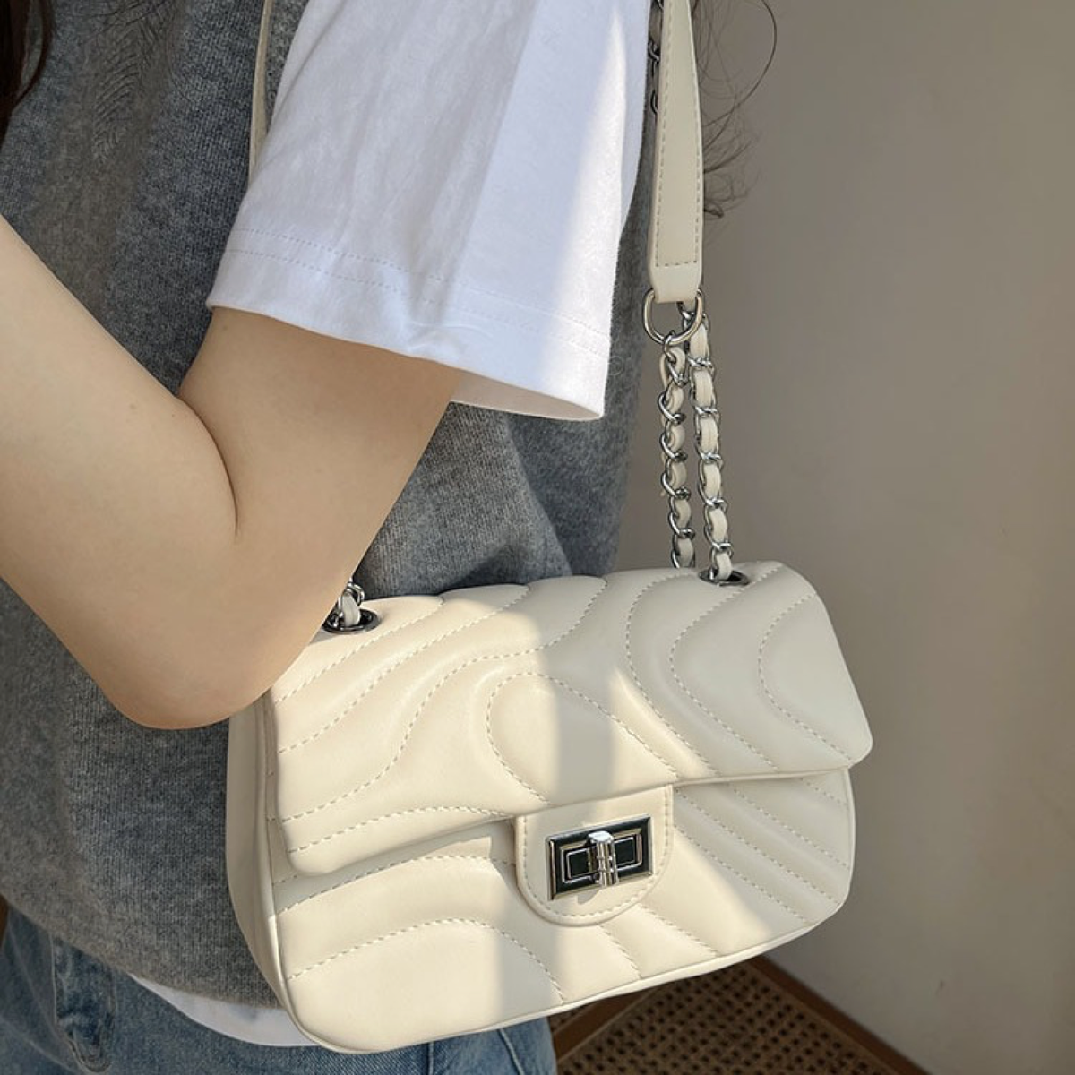 Wave-Quilted Shoulder Bag with Chain Strap and Turn-Lock Flap