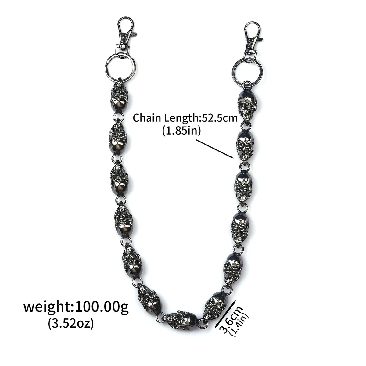 Skull Waist Chain with Clip Ends, Punk Metal Pants Chain, 2 Finishes