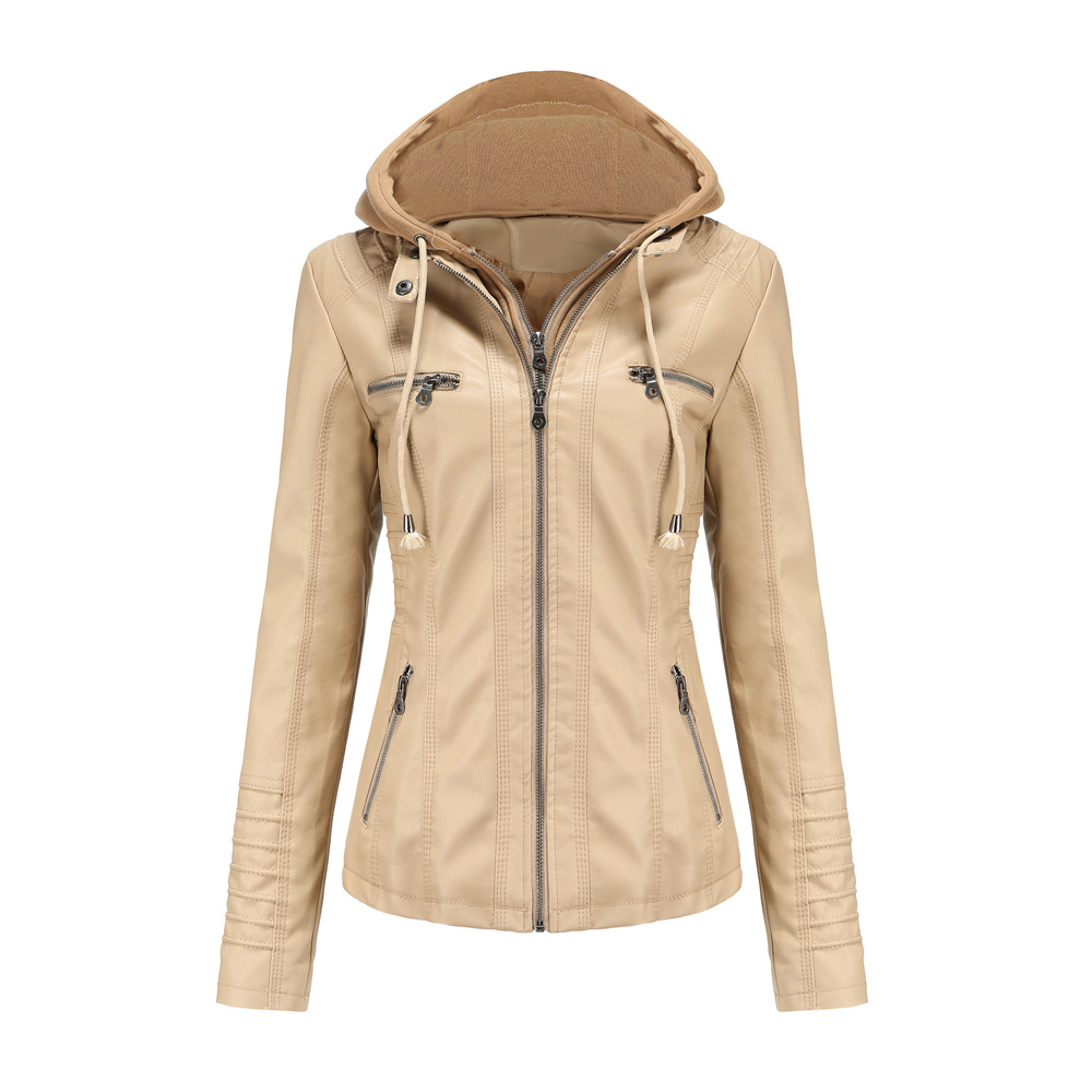Women's PU Leather Jacket with Removable Hood and Zip Pockets