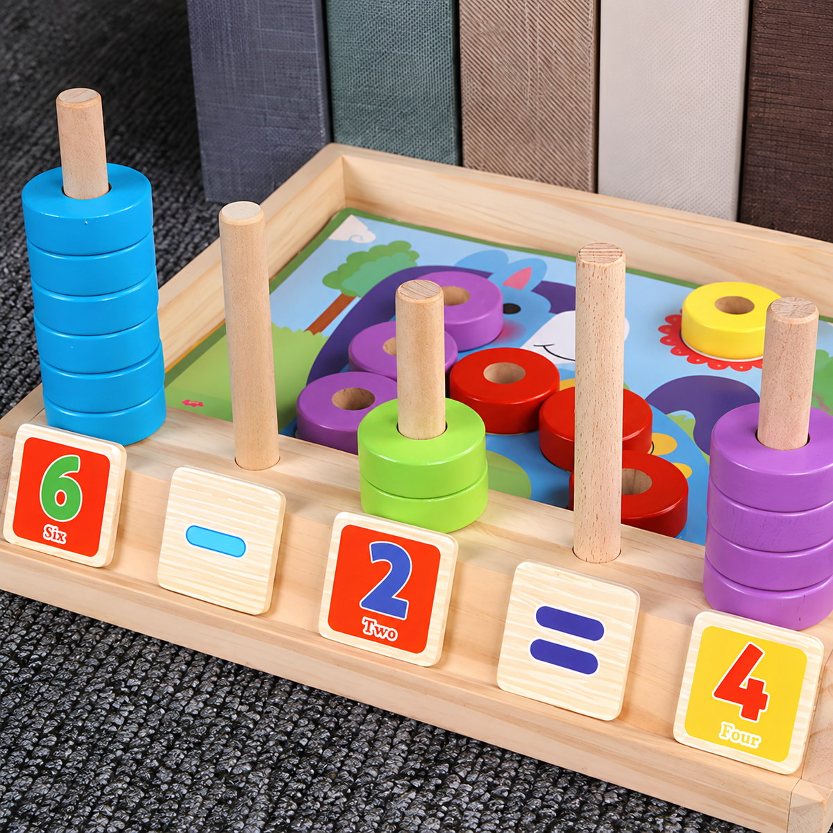Wooden Arithmetic Learning Box with Counting Rings and Number Tiles
