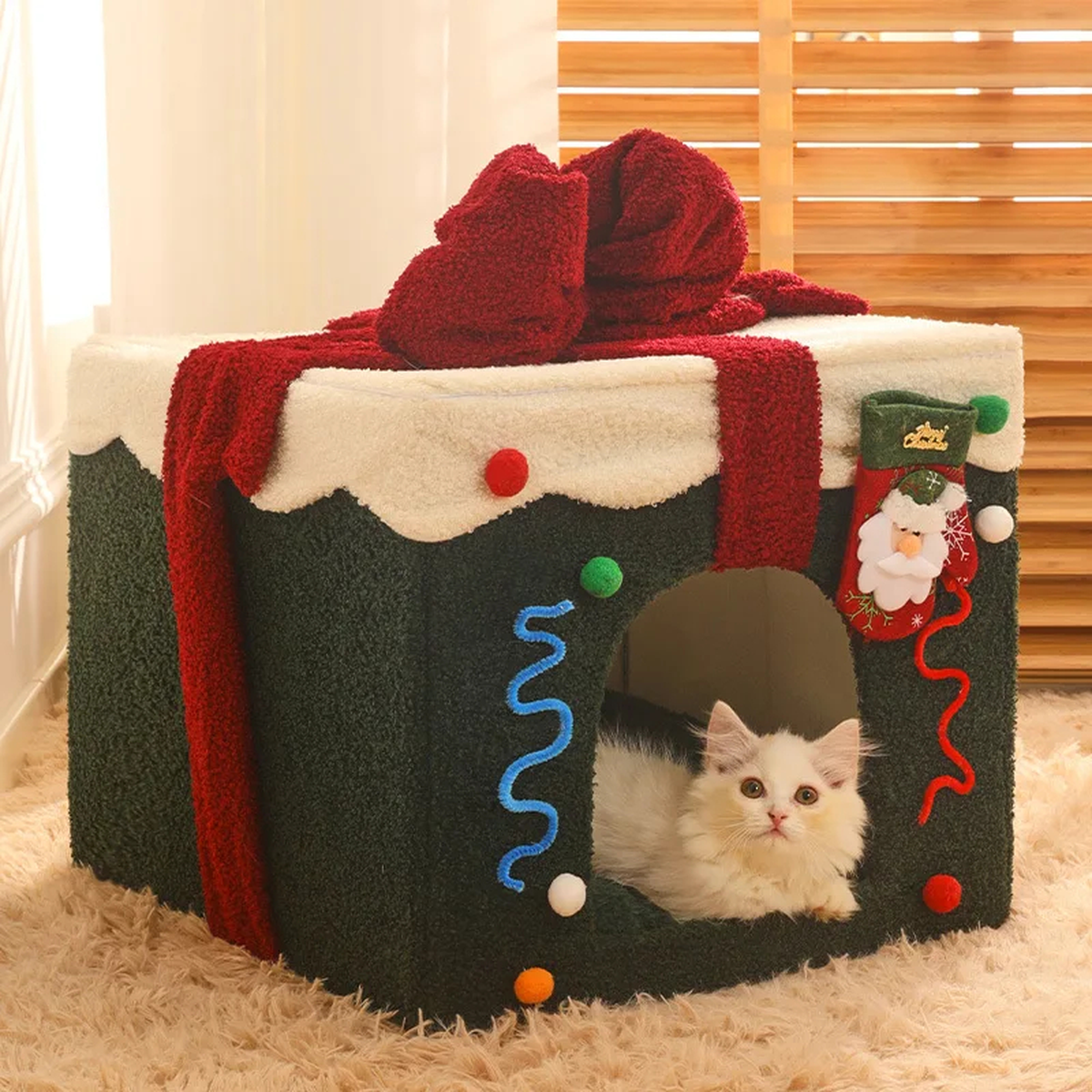 Christmas Gift Box Cat House Bed with Removable Top Bow