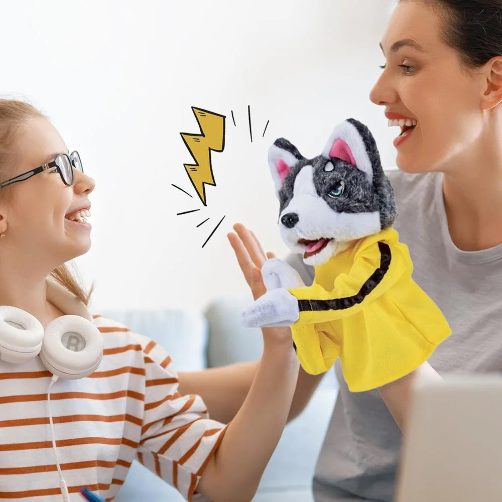 Two people playing with a husky dog puppet