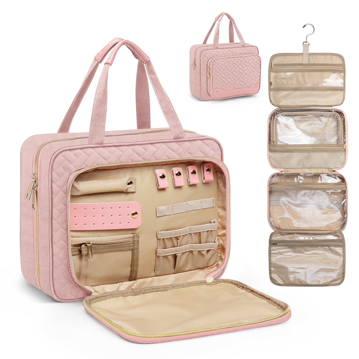 Pink Hanging Travel Toiletry Bag with Compartments and Hook