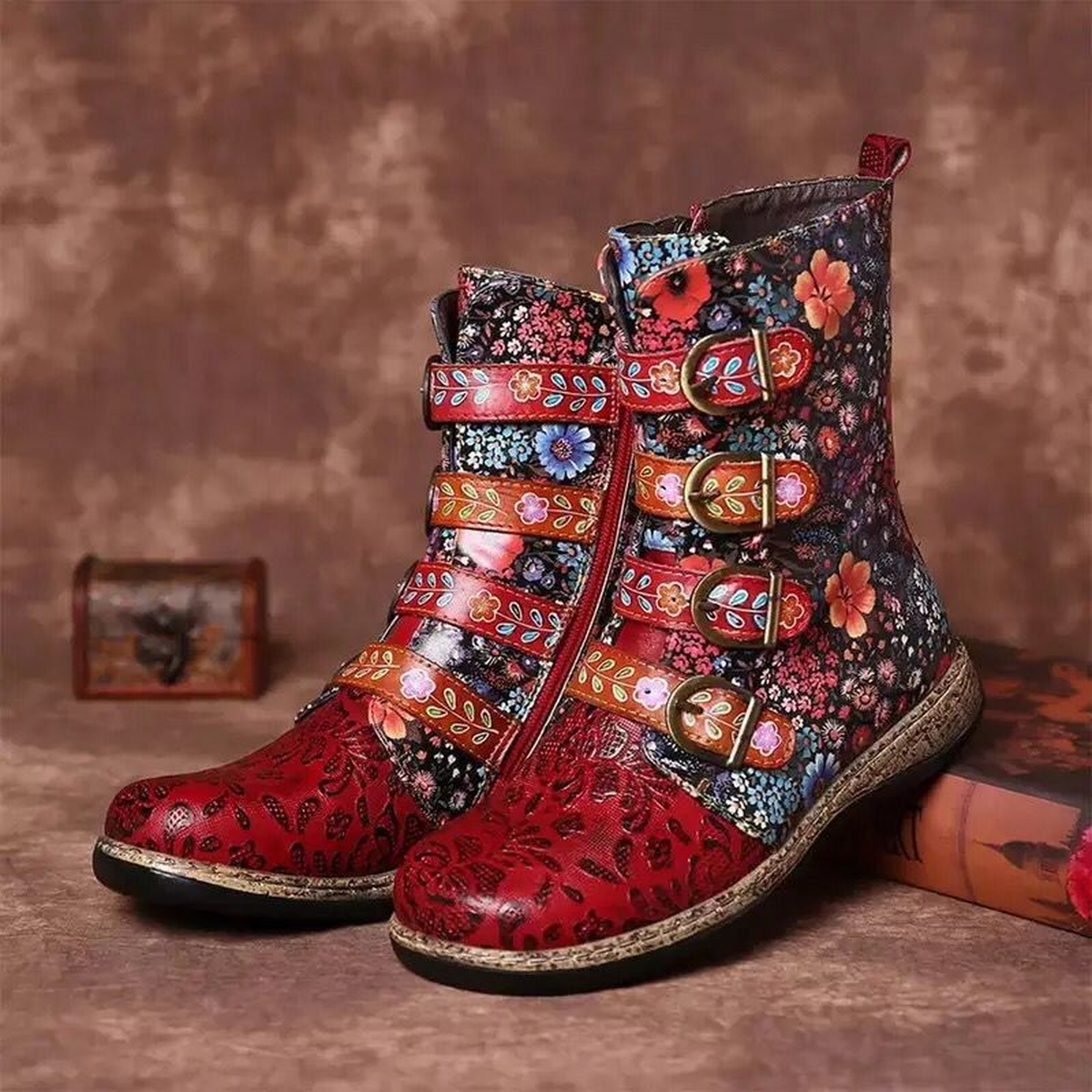 Embroidered Mid-Calf Boots with Buckle Strap Details