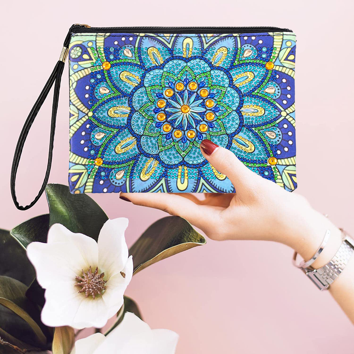 Floral Diamond Painting Makeup Bag Kit, Zippered Wristlet