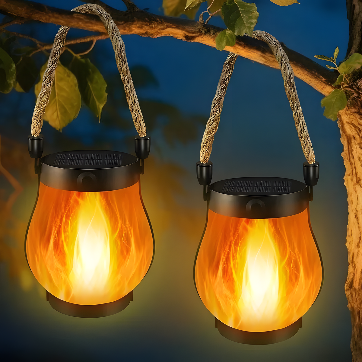 Solar LED Flame-Effect Lantern with Rope-Style Handle