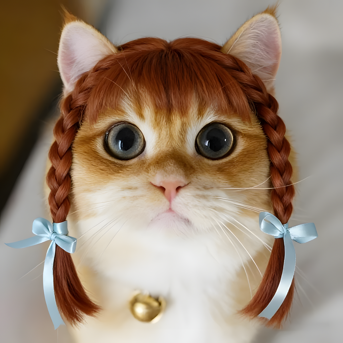 Braided Pet Wig with Bangs and Ribbon Bows for Cats & Small Dogs